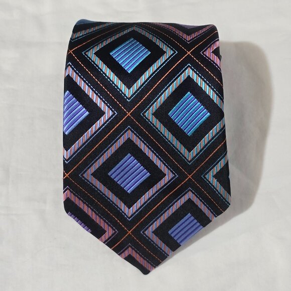 Robert Talbott Best of Class USA Silk Necktie Black Multi Color Geo 3 3/4x59 - Picture 1 of 6